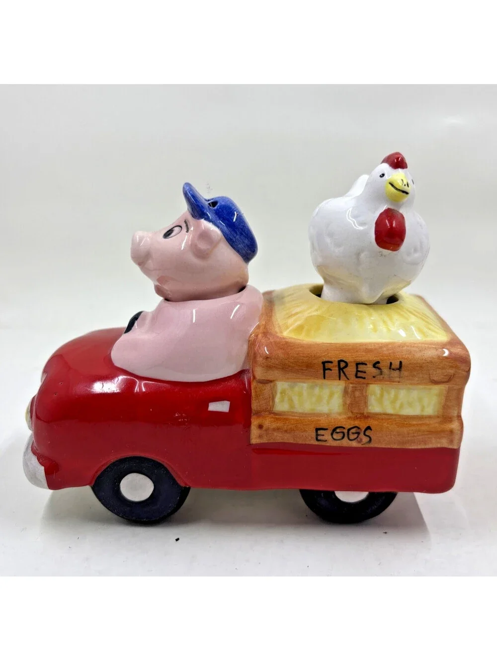 Vintage Clay Art  Pig Driving Truck with Chicken Nodding Shaker Set 1994